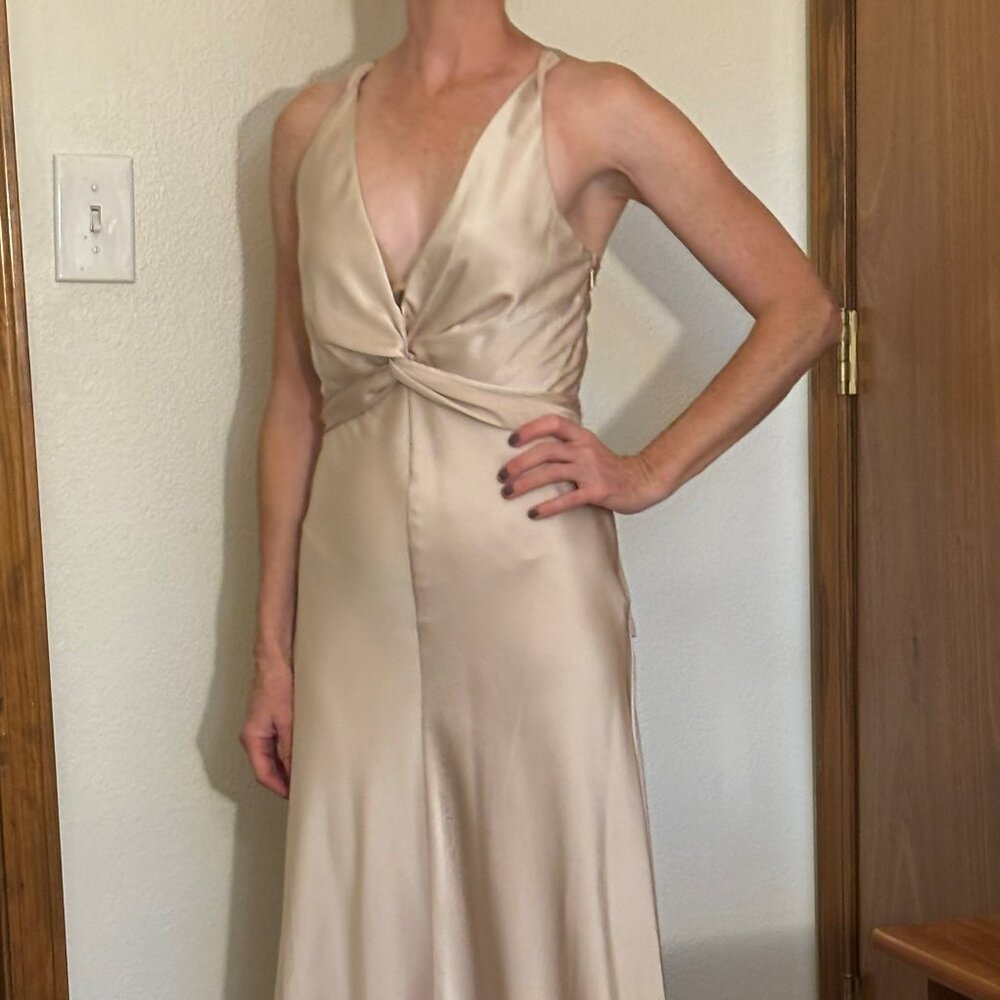 Worn Once! Stunning BCBGMaxAzria Gold Silk-Like Evening Gown – Size 4!